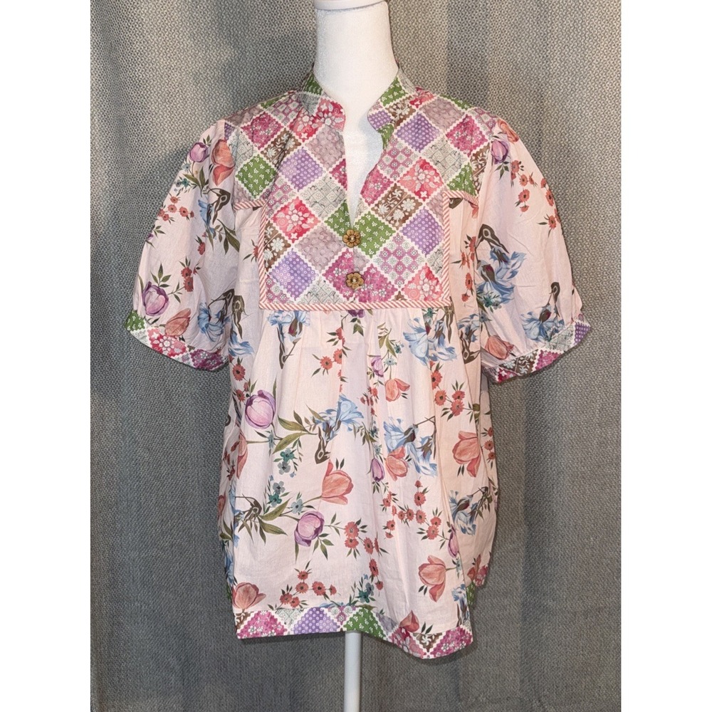 Umgee Patchwork Floral Top Women's Size Medium Pink Puff Sleeve Cottagecore NWT